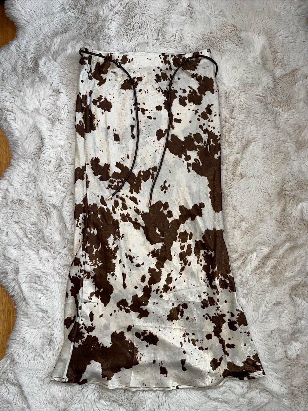 Cow Print Satin Midi Skirt in White and Brown